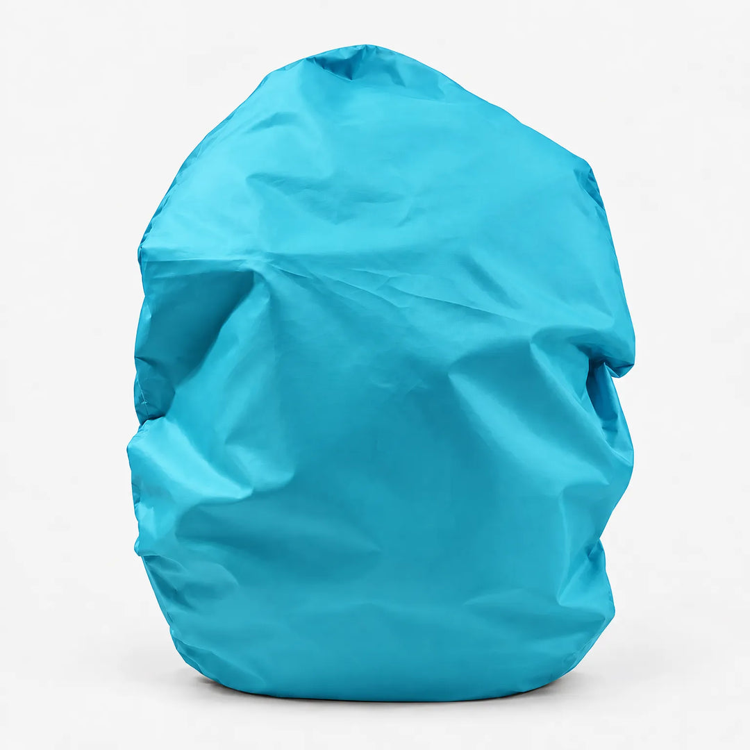 Turquoise backpack cover shown alone on a white background, front view with soft creases in the fabric. 10