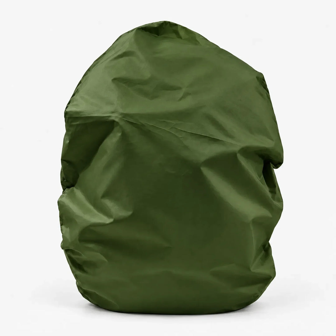 Dark green backpack cover shown alone on a white background, front view with soft creases in the fabric. 13