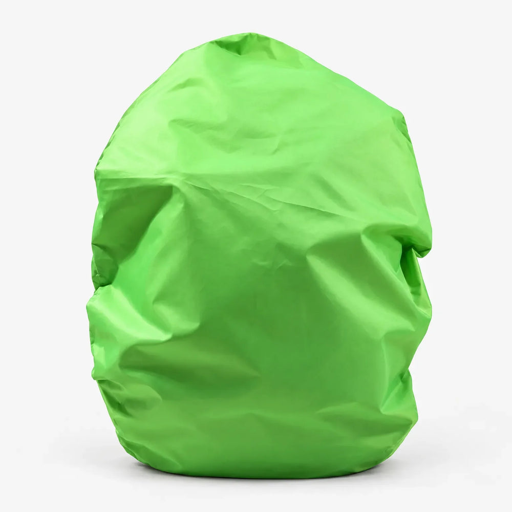 Bright green backpack cover on its own against a white background, crinkled nylon fabric seen from the front. 2