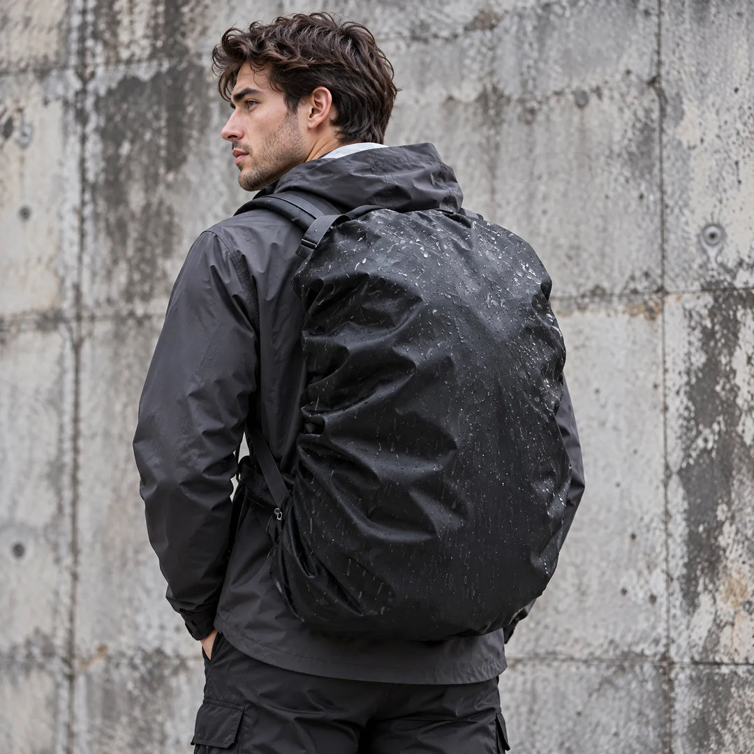 Man in a black jacket seen from behind, carrying a black backpack cover beaded with rain droplets in front of a concrete wall. 3