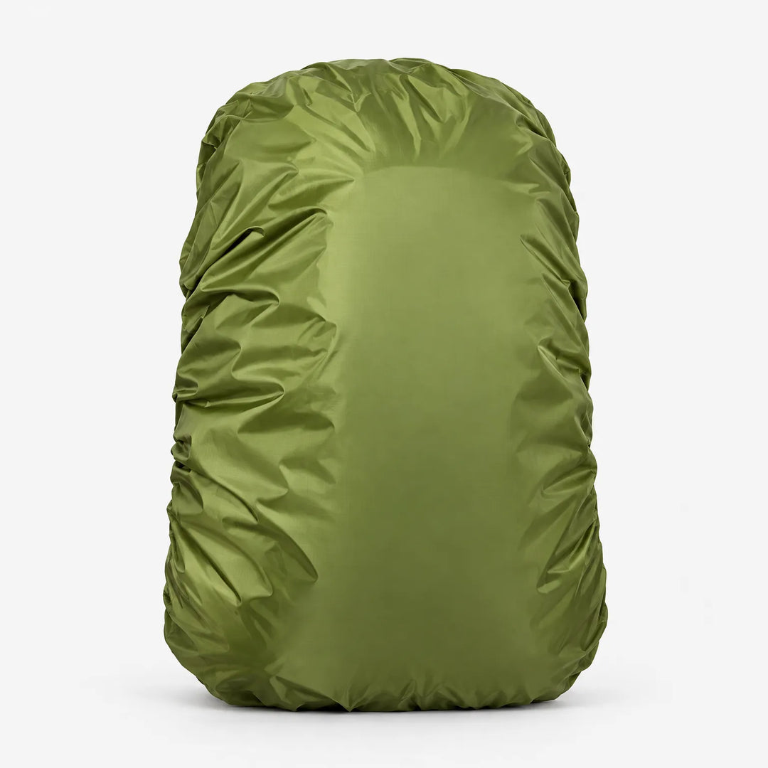 Olive green cover fitted over a backpack, front view on white, with elastic gathers around the edges. 4