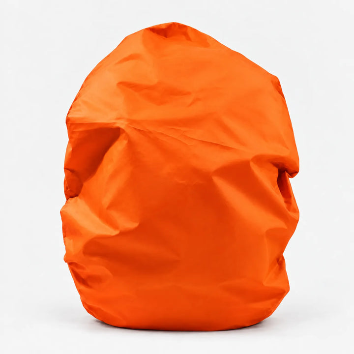 Orange backpack cover shown alone on a white background, front view with soft creases in the fabric. 9
