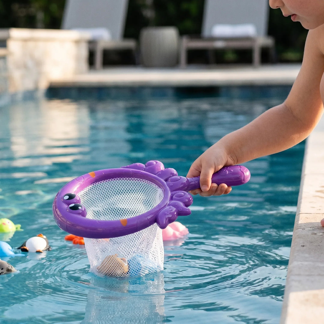 Kids Water Toy Set - Fishing Game - Scooping Net - Squirting Figures - Smooth Edges - Colorful Design