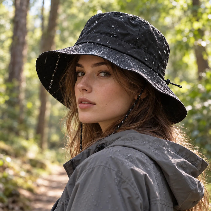 Woman in a forest wearing a black bucket rain hat with chin cord and a gray hooded jacket, both beaded with water drops. 1