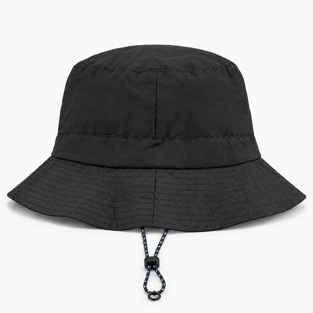 Back view of a black bucket hat with a vertical seam, stitched brim rows and a drawcord with a ring at the bottom. 11