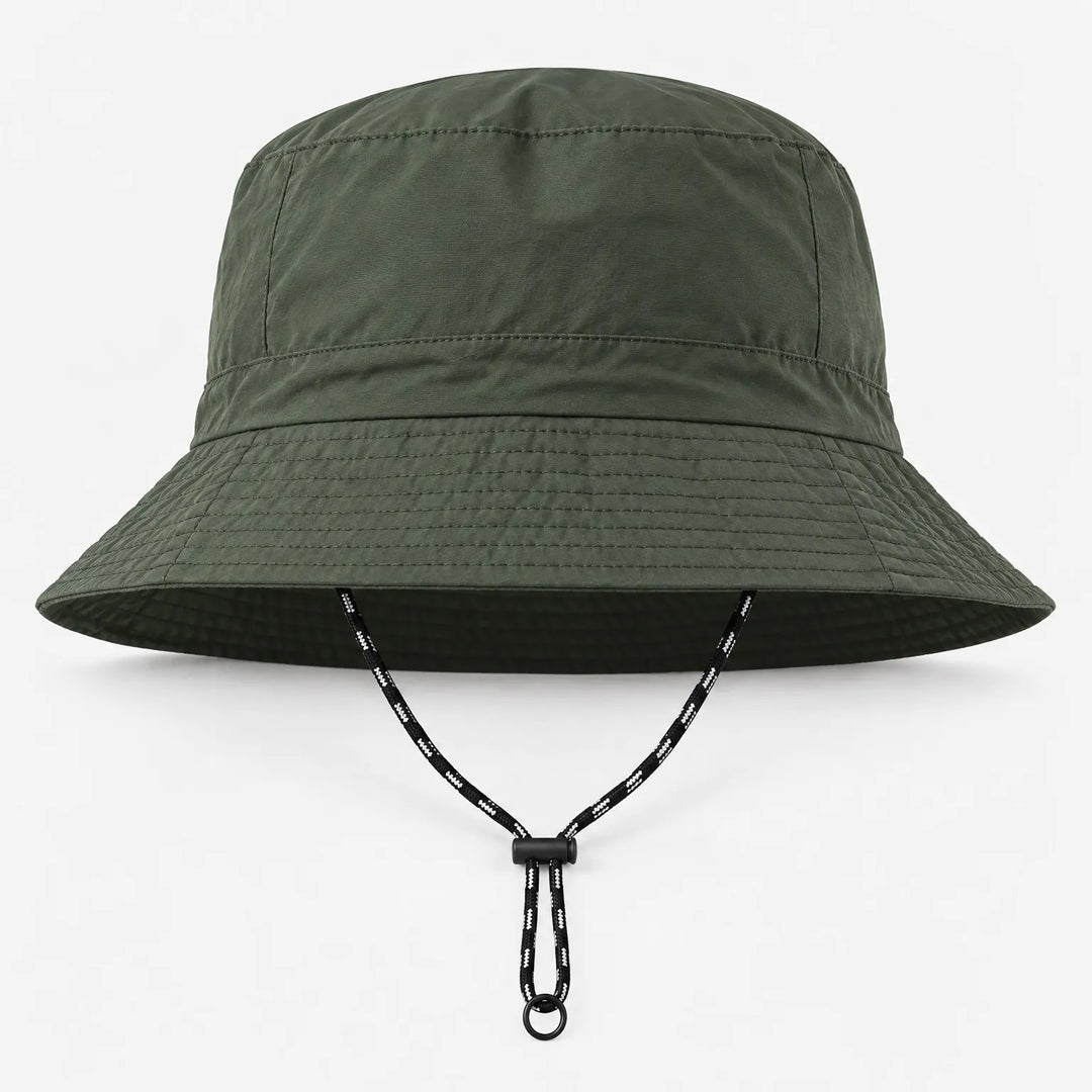 Front view of an olive green bucket hat with a stitched wide brim and a black-and-white chin cord with toggle and ring. 12