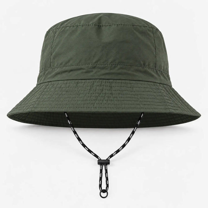 Front view of an olive green bucket hat with a stitched wide brim and a black-and-white chin cord with toggle and ring. 12