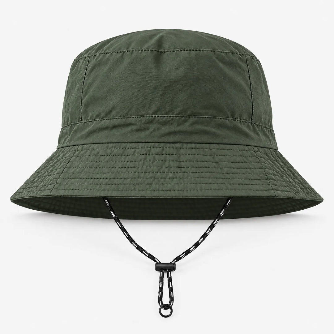 Front view of an olive green bucket hat with stitched brim rows and a black-and-white chin cord with toggle and ring. 4