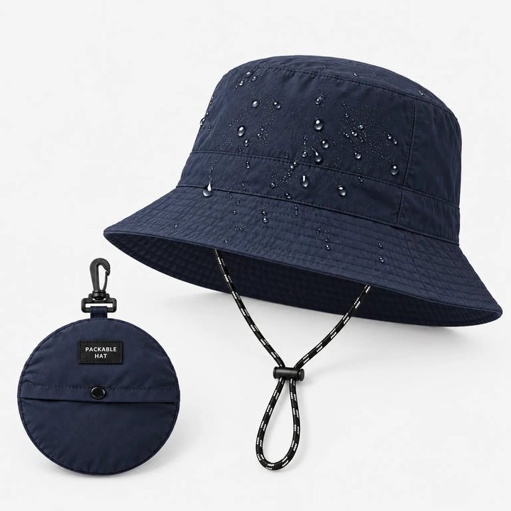 Navy bucket hat beaded with water drops beside its matching round packable pouch with a clip, showing how the hat stows away. 5