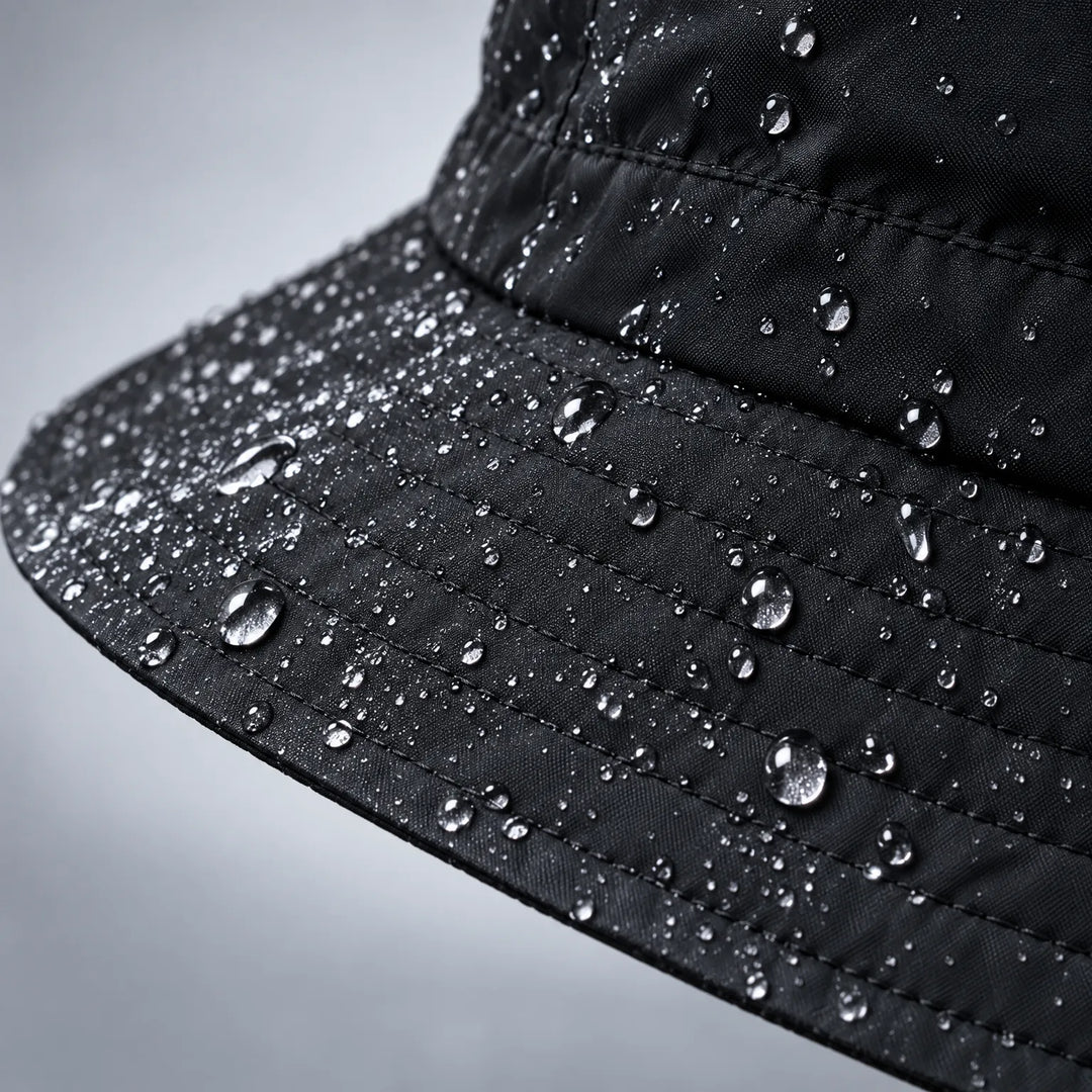 Close-up of a black hat brim and crown with stitched rows and many water droplets sitting on the fabric surface. 6