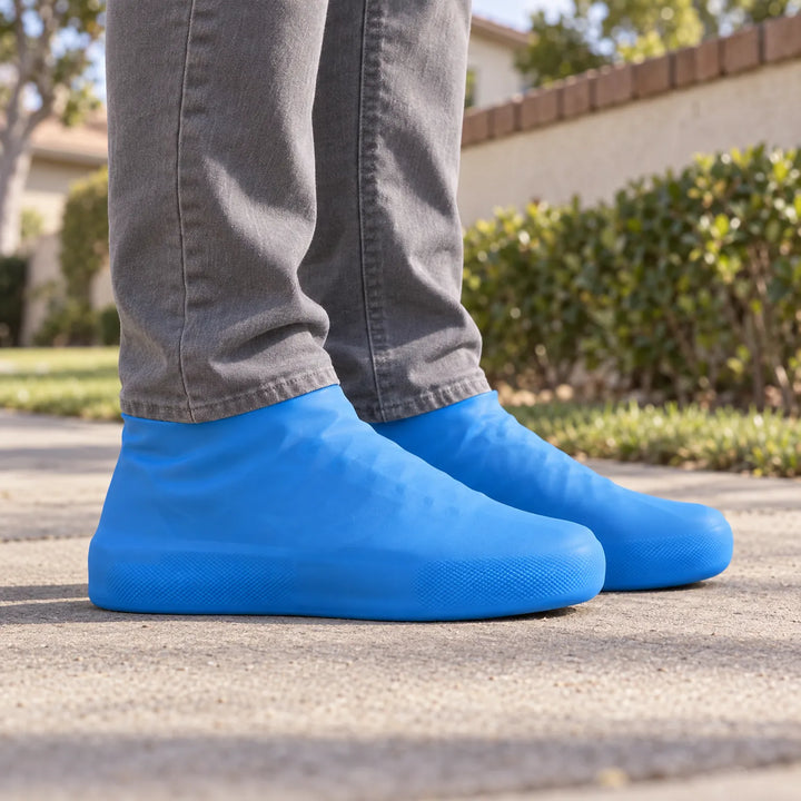 Blue stretchy shoe covers worn outdoors on a sunny sidewalk with gray jeans, side view showing the textured toe and sole. 1