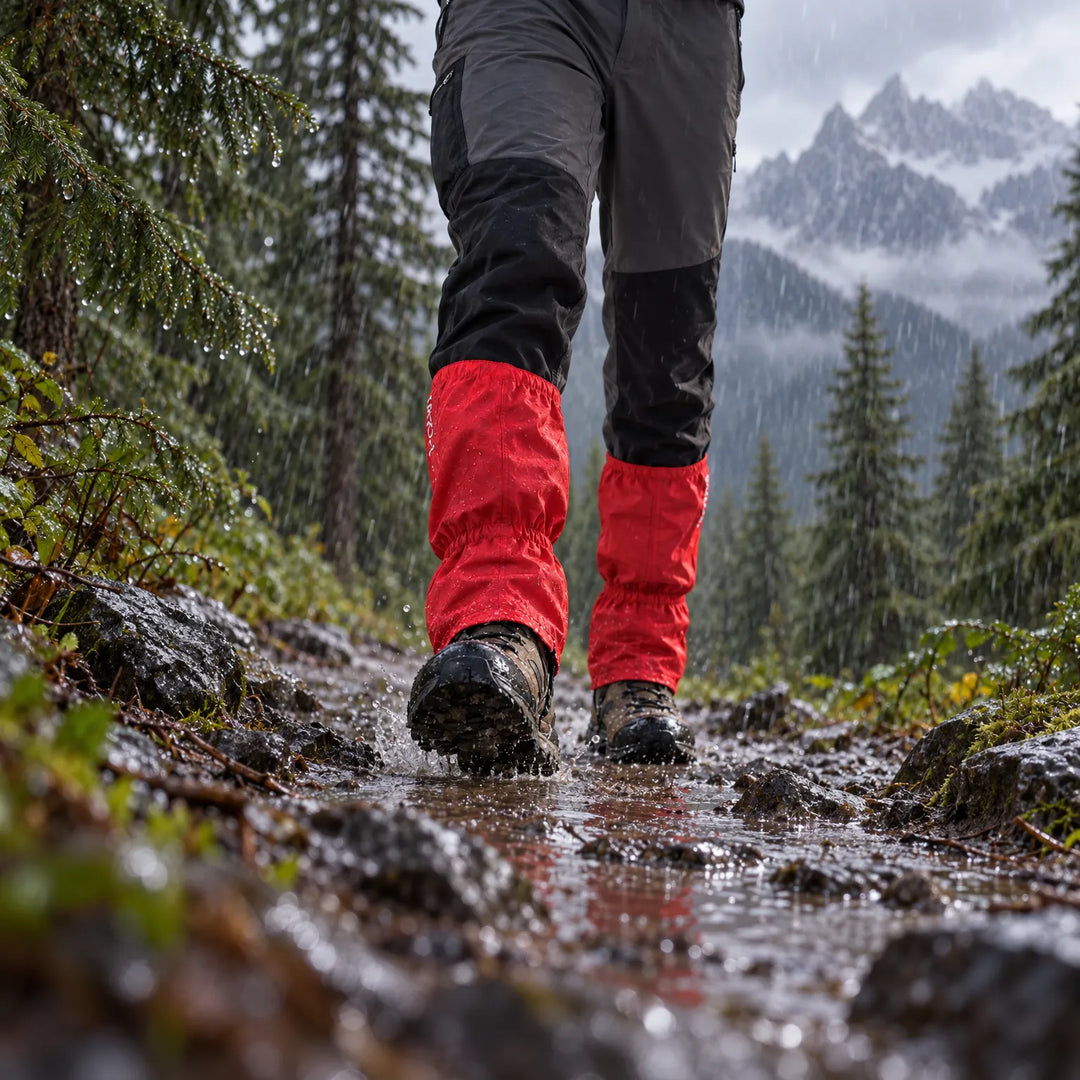 Low-angle view of a hiker's legs in red gaiters splashing through a muddy forest trail in the rain, mountains behind. 3