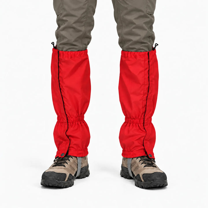 Front view of a red gaiter pair worn with olive pants and hiking boots, showing side zips and snap closures. 8