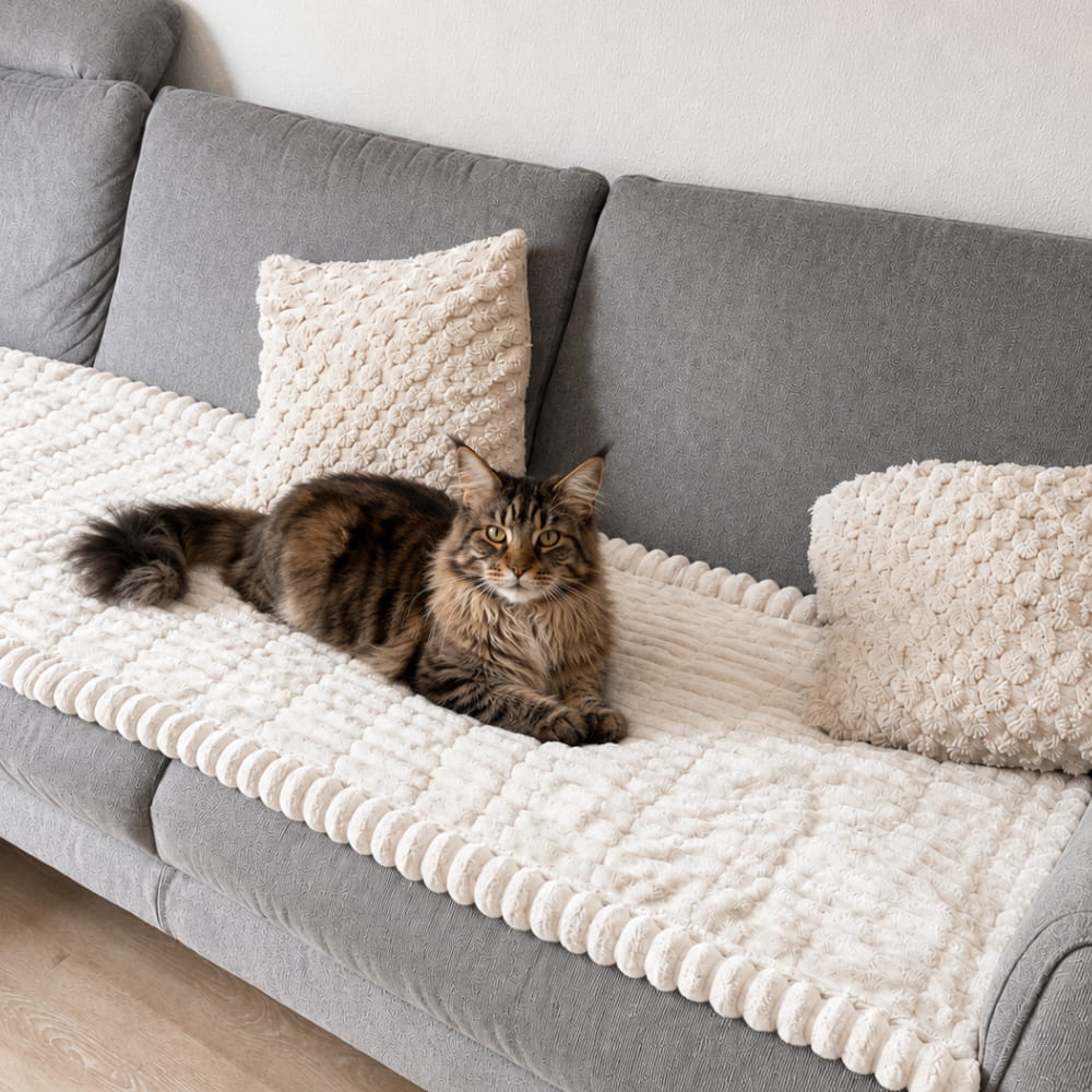 Brittany Sofa Protector Water-Resistant Blanket for Dogs & Cats in cream on a sofa with a cat.