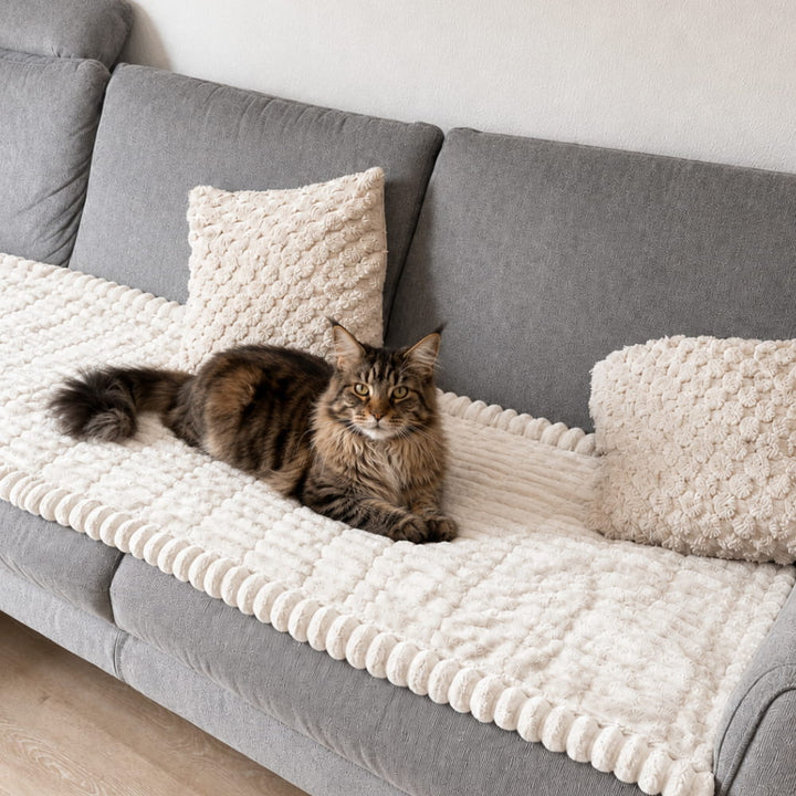 Brittany Sofa Protector Water-Resistant Blanket for Dogs & Cats in cream on a sofa with a cat.