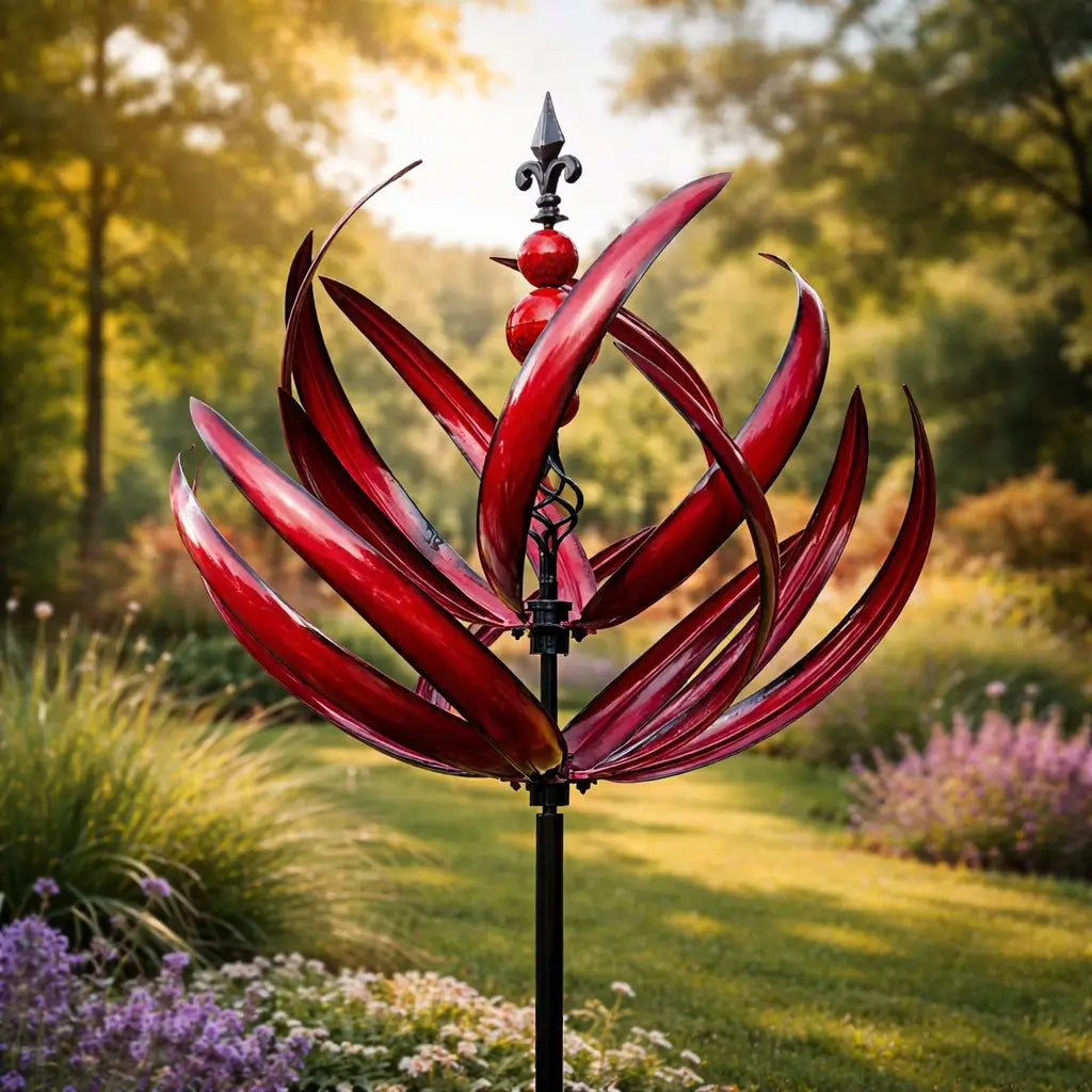 Red lotus-style metal wind spinner with a twisted wire detail under the beads on a lawn near purple flowers.