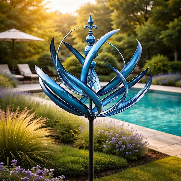Blue metal wind spinner beside a swimming pool with lounge chairs, an umbrella and lavender plants in the background.