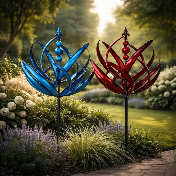 Another view of blue and red wind spinners standing side by side on black poles among garden flowers.