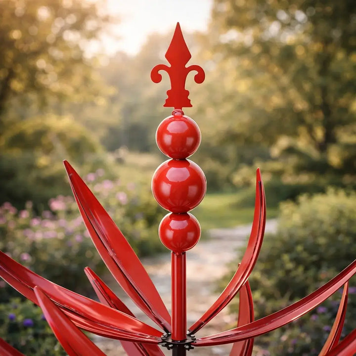 Detail of the red spinner's fleur-de-lis tip and three stacked glossy red beads above the curved petal-shaped blades.