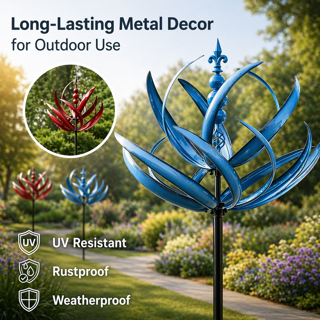 Another view of a large blue spinner in a garden with a red spinner in an inset circle and weatherproofing icons below.