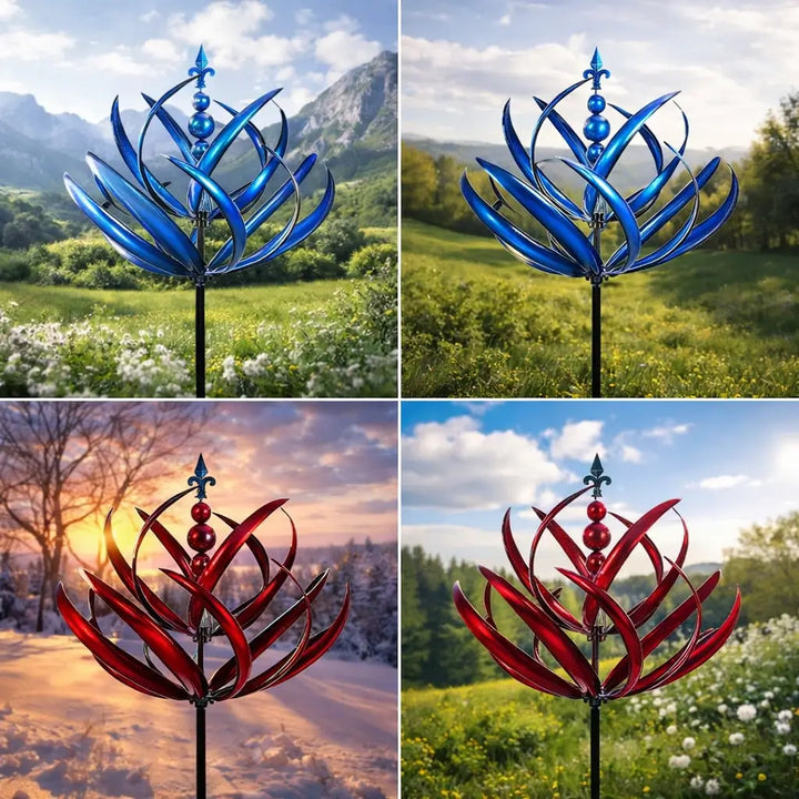 Another view showing four outdoor scenes with blue and red spinners in different landscapes.