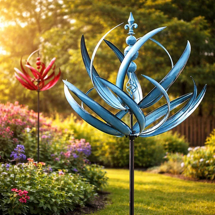 Green lotus-shaped metal wind spinner on a black pole in a garden.