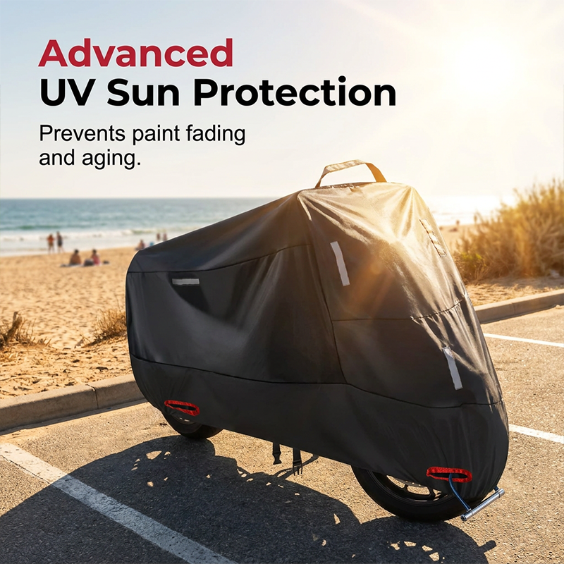 Black motorcycle cover with red lock holes and a U-lock at the rear wheel.