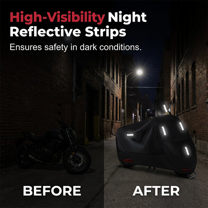 Black motorcycle cover with reflective strips in a dark alley.