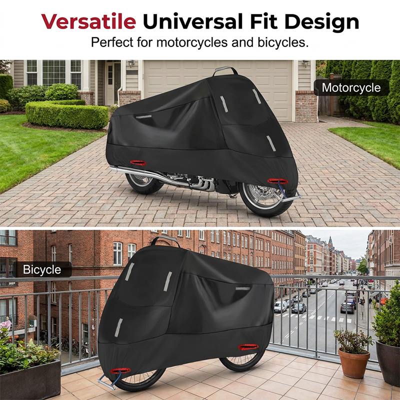 Black motorcycle cover on a cruiser motorcycle in a driveway.