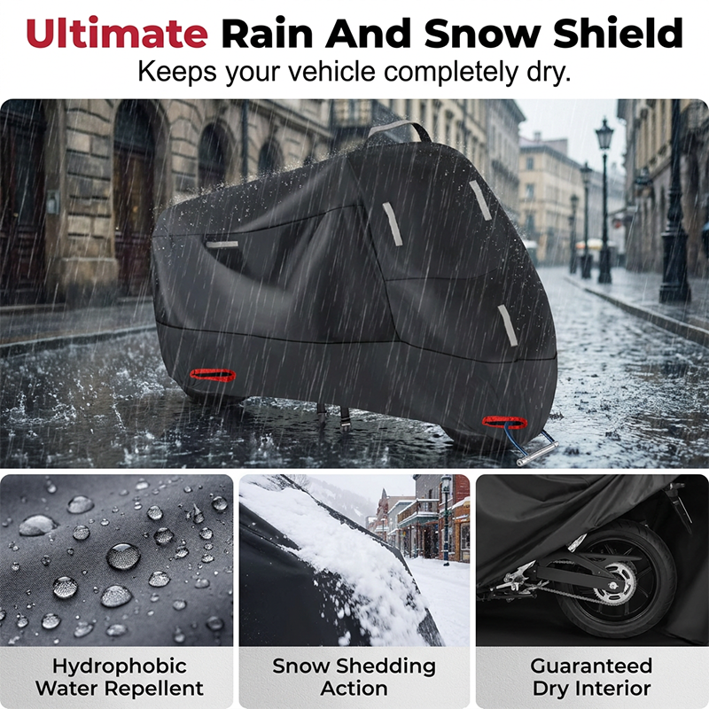 Black motorcycle cover on a rain-soaked city street with close-ups of water beads and snow sliding off.