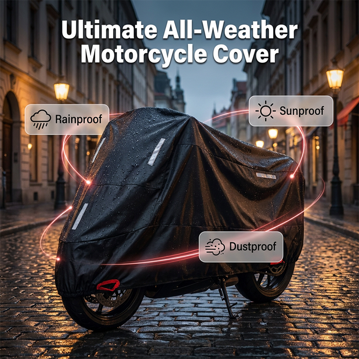 Black motorcycle cover with reflective strips on a motorcycle parked on a wet cobblestone street.
