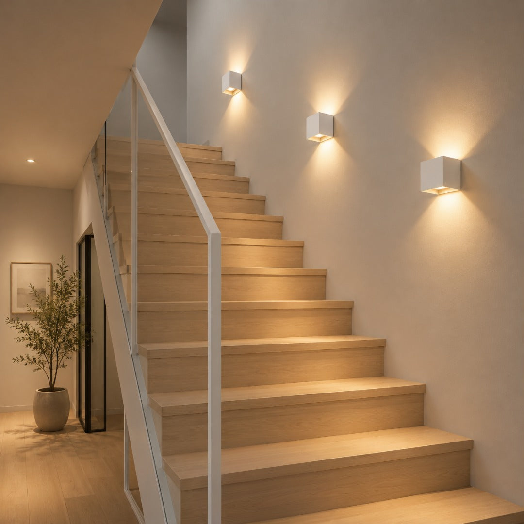 White square aluminium wall lamp with warm light, another view.