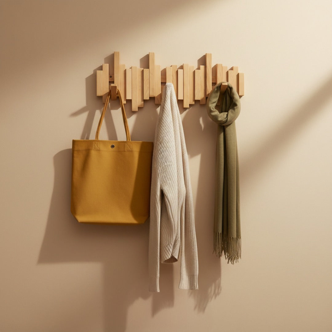 Black wooden piano wall coat rack with folding hooks on a beige wall, shown with a tote, sweater and scarf.