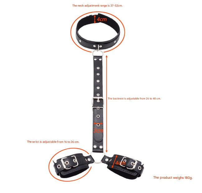 Black set shown flat in a diagram with callouts for neck, back strap and wrist adjustment ranges and strap widths. 14