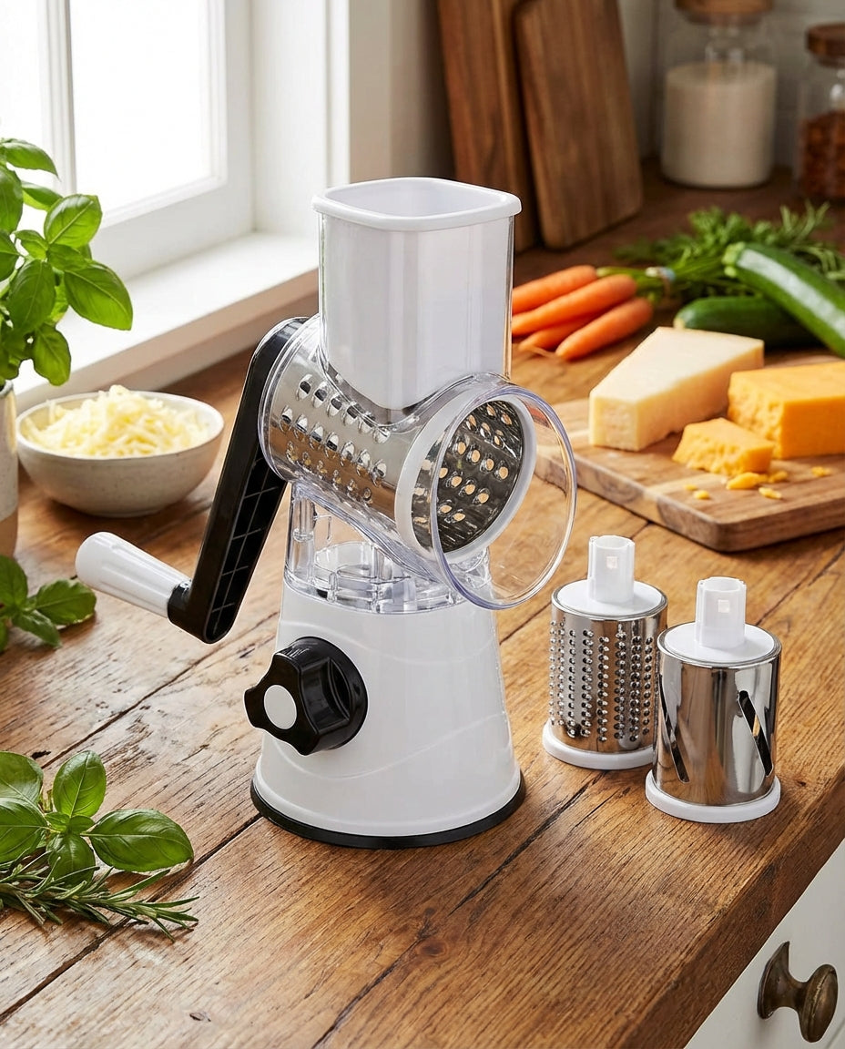 White and black rotary vegetable chopper with two spare drums on a wooden counter.