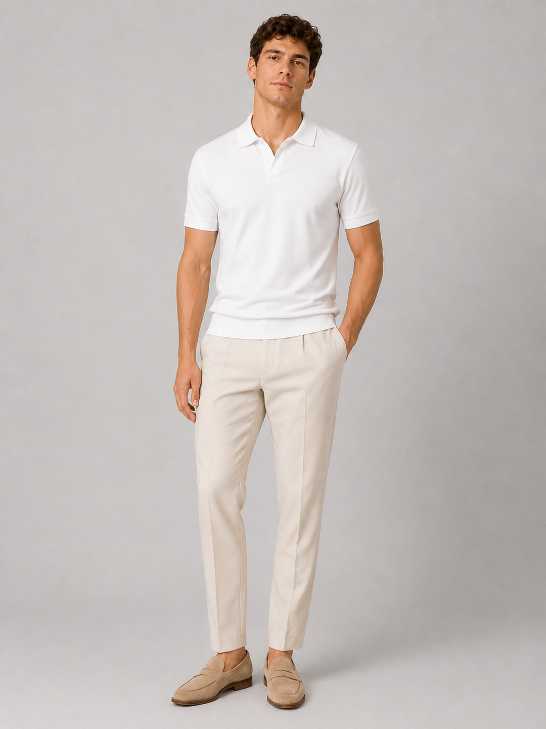 White silky touch polo shirt front view styled with cream trousers and tan loafers.