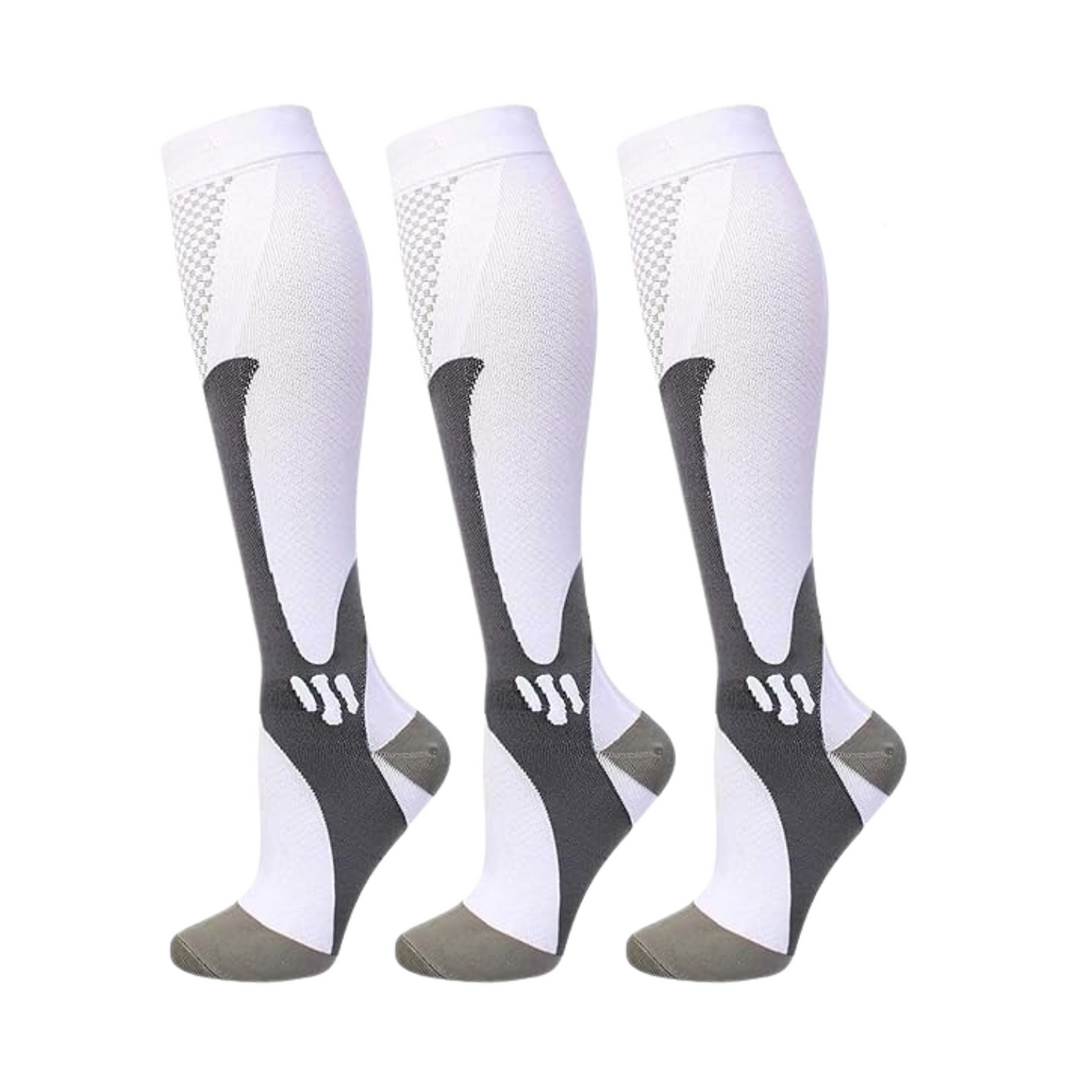 Three identical white knee-high compression socks with dark gray ankle panels, olive-gray heel and toe, and a mesh pattern near the top. 6