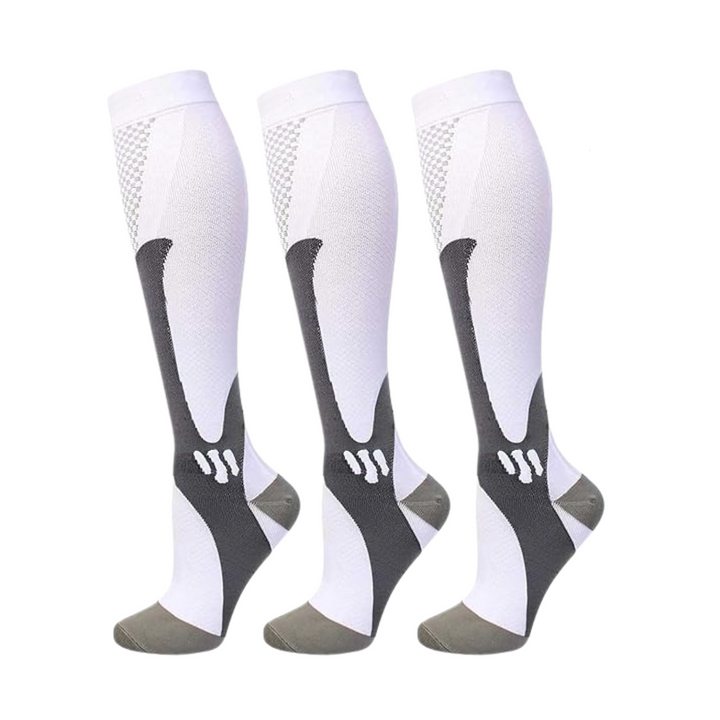 Three identical white knee-high compression socks with dark gray ankle panels, olive-gray heel and toe, and a mesh pattern near the top. 6