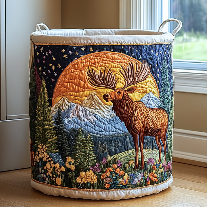 Quilted forest print basket with a moose, orange moon and starry sky.