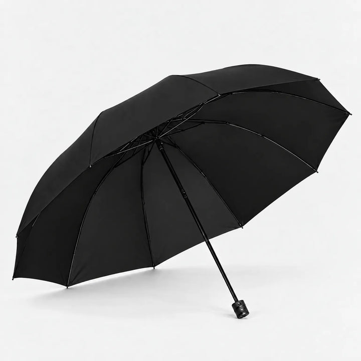 Open black umbrella tilted to display its black canopy, ribbed frame and handle against a white background. 5