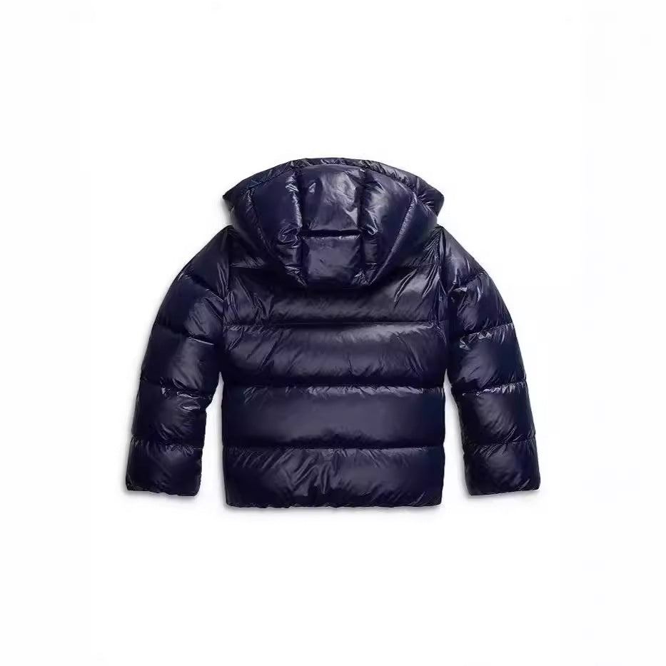 Women's winter jacket in blue, back view with horizontal quilted channels and attached hood.
