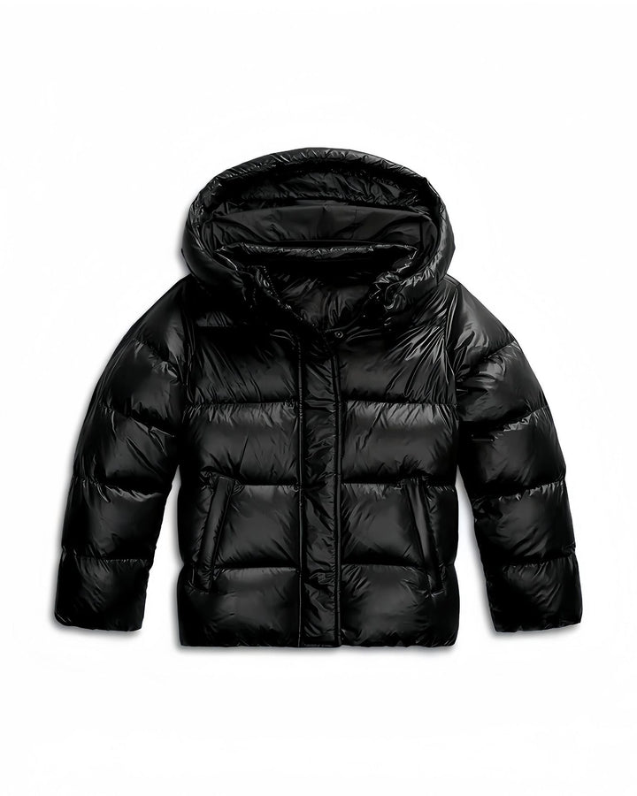 Women's winter jacket in blue, front view with quilted sleeves, attached hood and concealed closure.