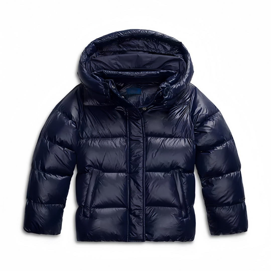 Women's winter jacket in blue with attached hood, concealed front placket and slanted pockets.