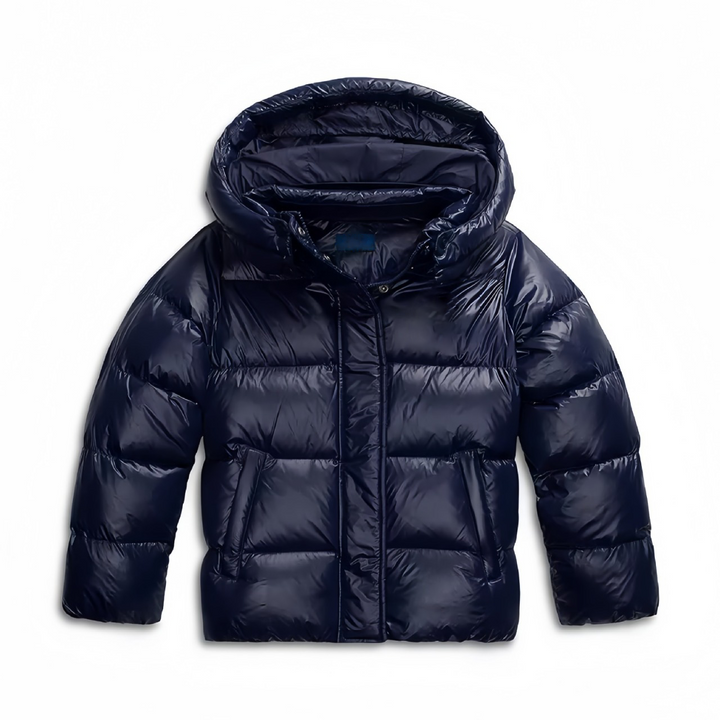 Women's winter jacket in blue with attached hood, concealed front placket and slanted pockets.