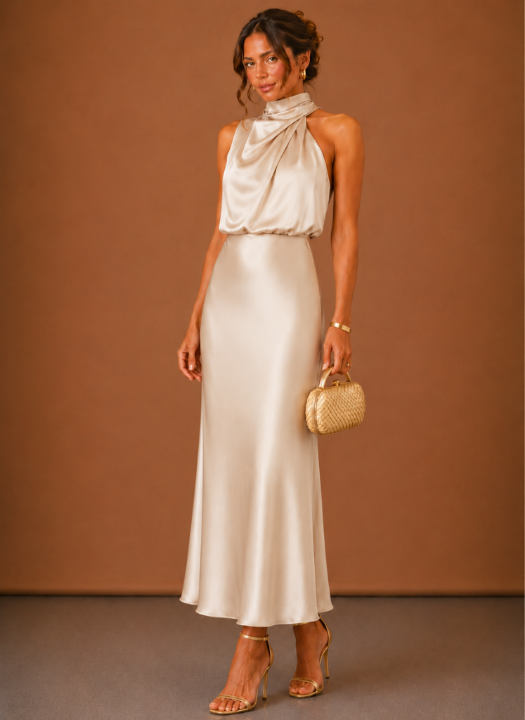 Champagne satin halter maxi dress with gold strappy heels and a woven gold clutch.