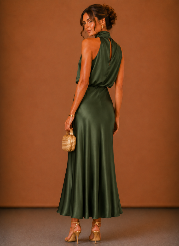 another view of the olive green satin maxi dress showing the keyhole opening at the high neck and the flowing flared skirt.