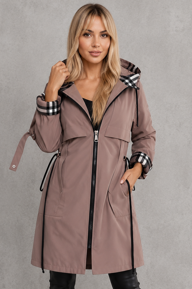 Women's black waterproof rain coat with hood, front view