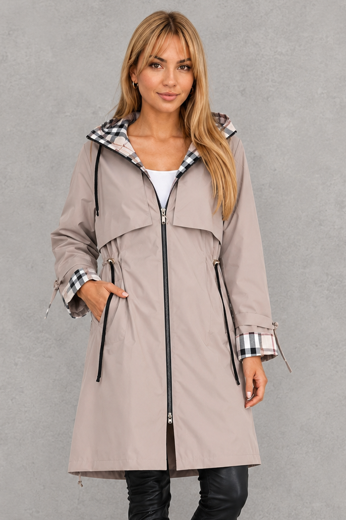 Women's black waterproof rain coat with hood, detail