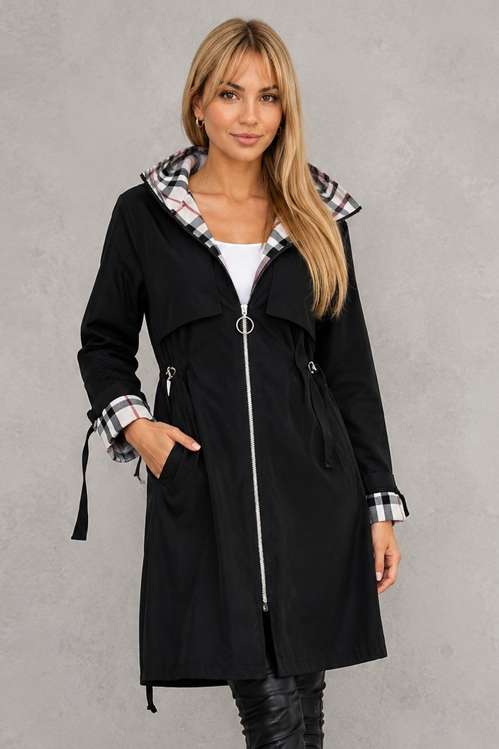 Women's black waterproof rain coat with hood, another view