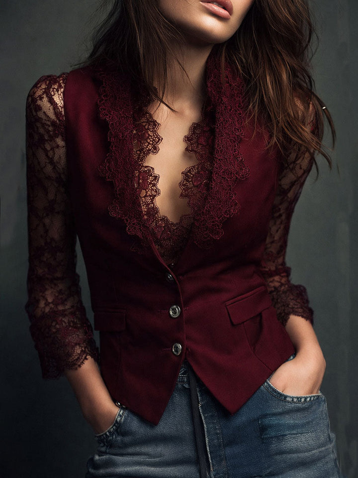 Burgundy blazer blouse with scalloped lace lapels and sheer lace sleeves, another view.